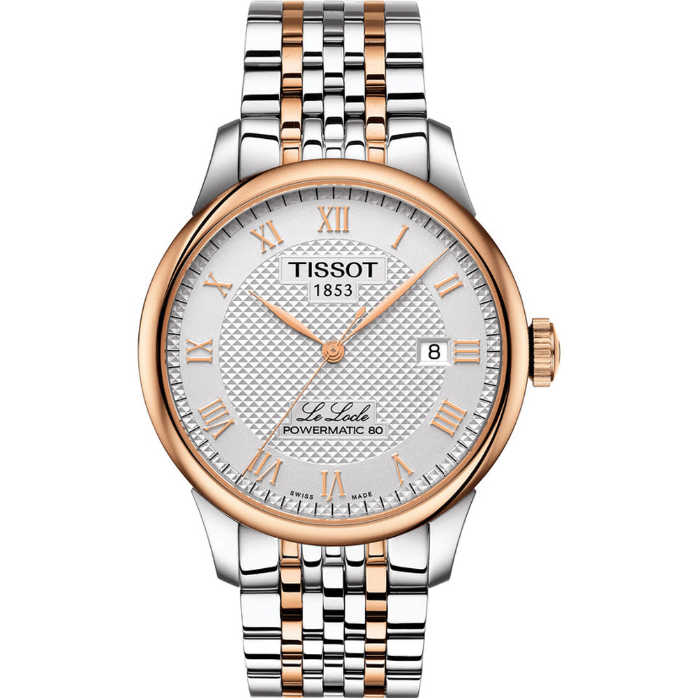 Montre Tissot Le Locle Powermatic 80 avec boîtier en acier inoxydable et or rose, cadran argenté et bracelet bicolore.