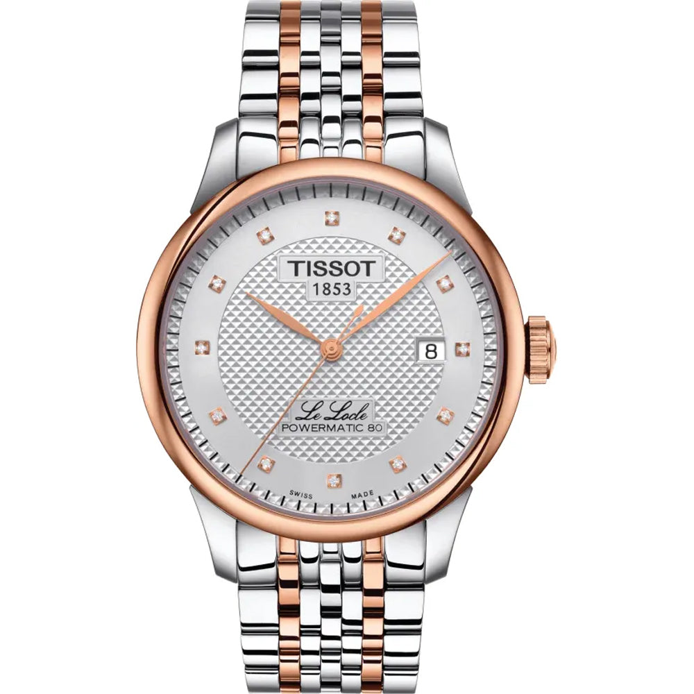 Montre Tissot Le Locle avec boîtier argenté et rose, cadran argenté, bracelet en acier inoxydable.