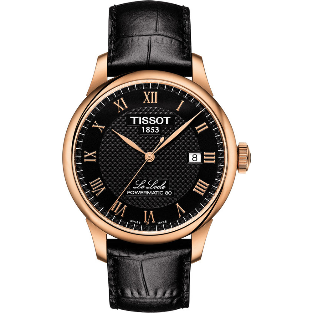 Montre Tissot Le Locle avec boîtier en acier rose, cadran noir et bracelet en cuir noir.