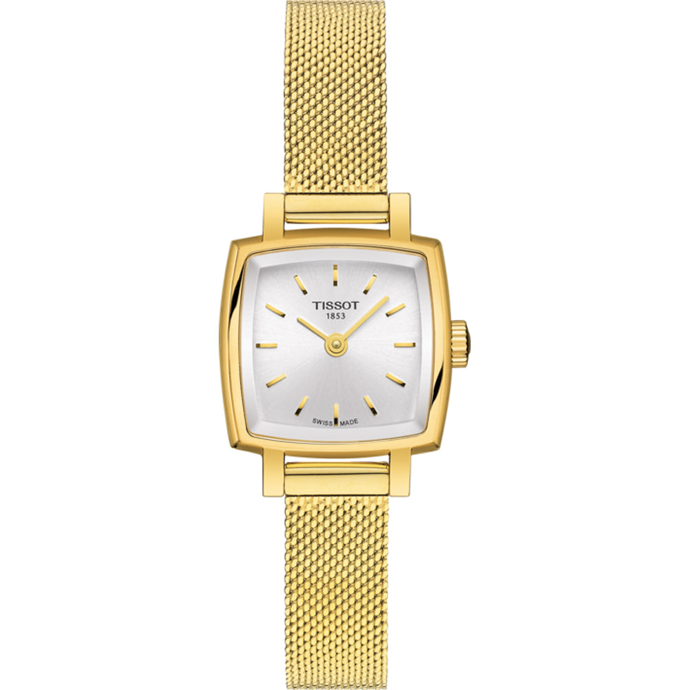 Montre Tissot Lovely Square avec boîtier doré, cadran argenté et bracelet en maille dorée.