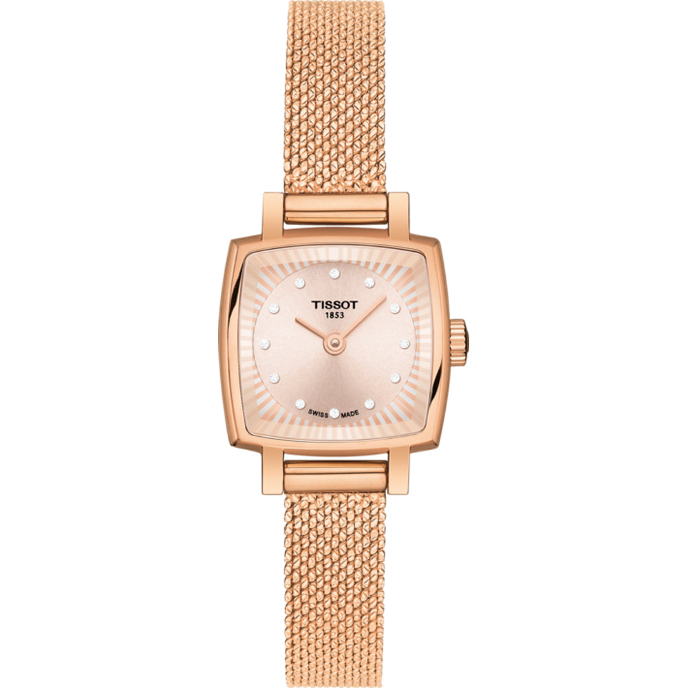 Montre carrée rose dorée avec un bracelet en maille et un cadran argenté.