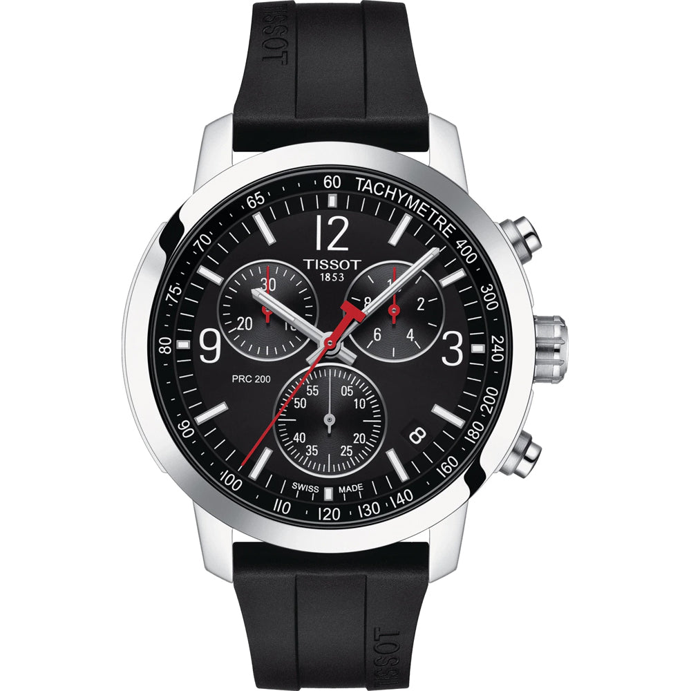 Montre Tissot PRC 200 avec cadran noir, boîtier en acier inoxydable et bracelet en caoutchouc.
