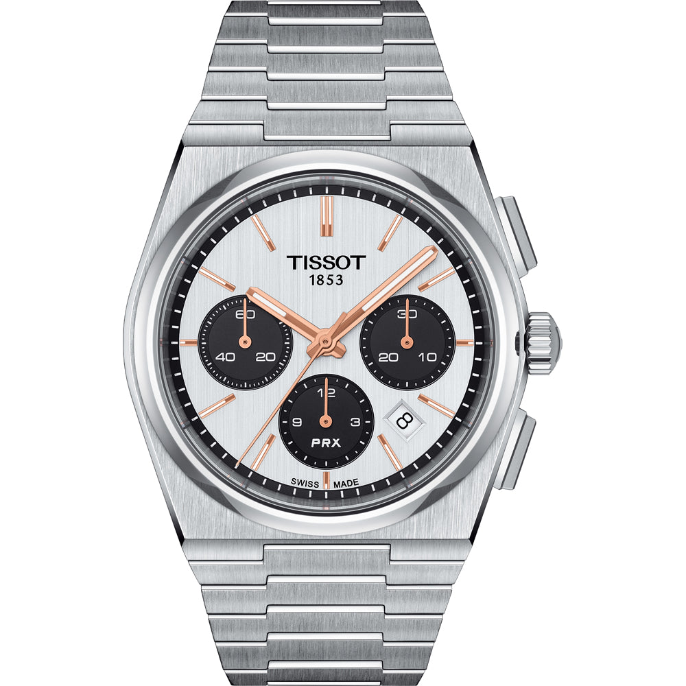 Montre Tissot PRX automatique avec cadran argenté, boîtier en acier inoxydable et bracelet en acier.