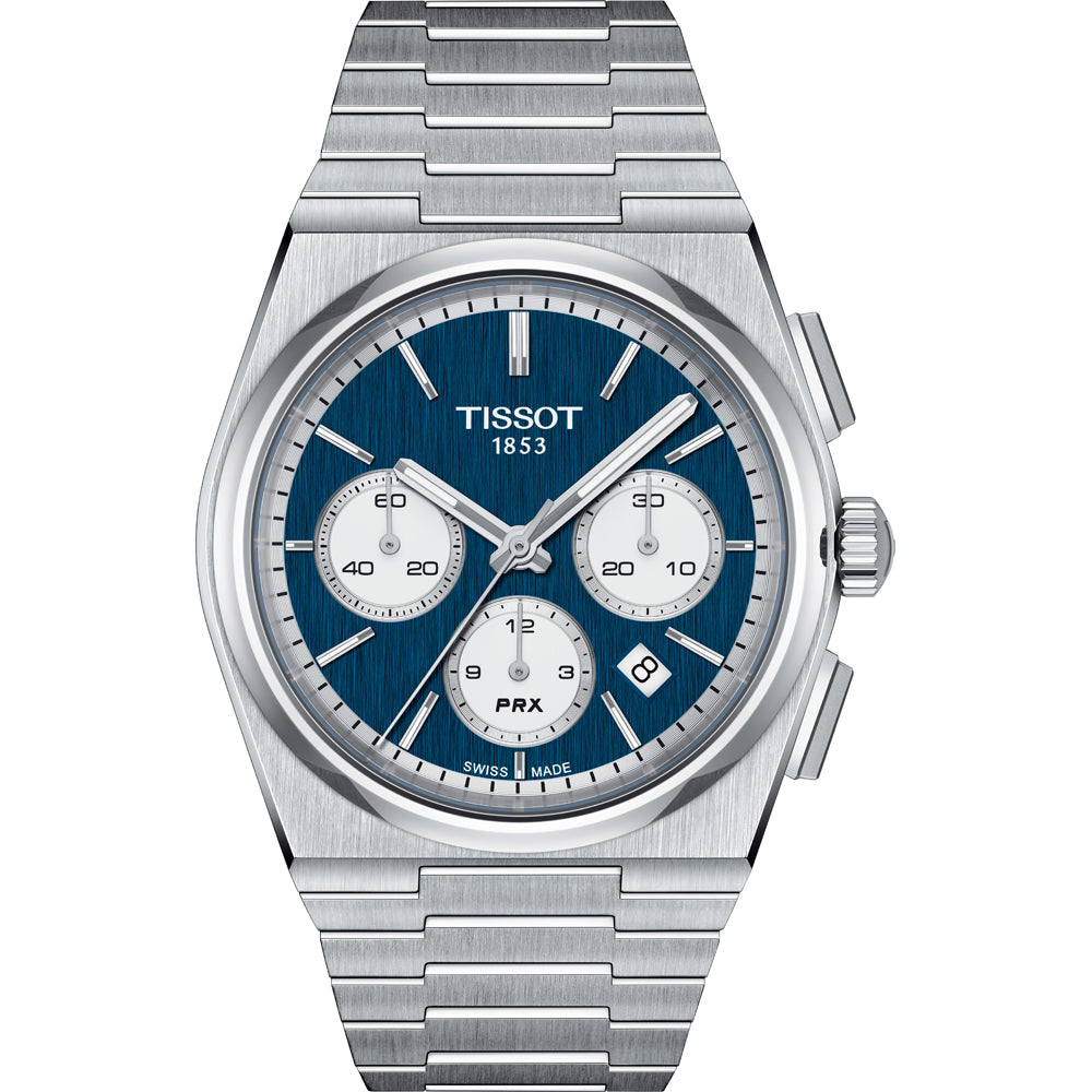 Montre Tissot PRX automatique chronographe avec cadran bleu, boîtier en acier inoxydable et bracelet en acier.