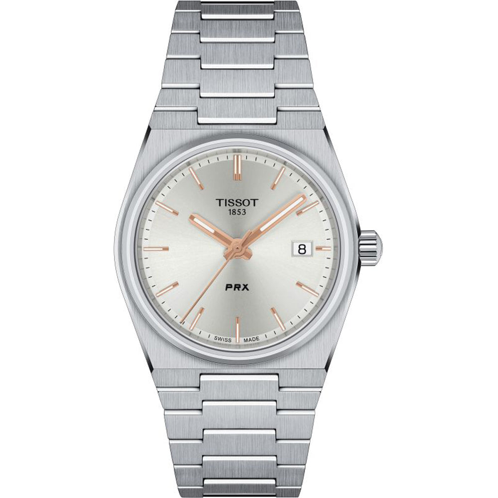 Montre Tissot PRX 35mm en acier inoxydable avec cadran argenté et index rose.