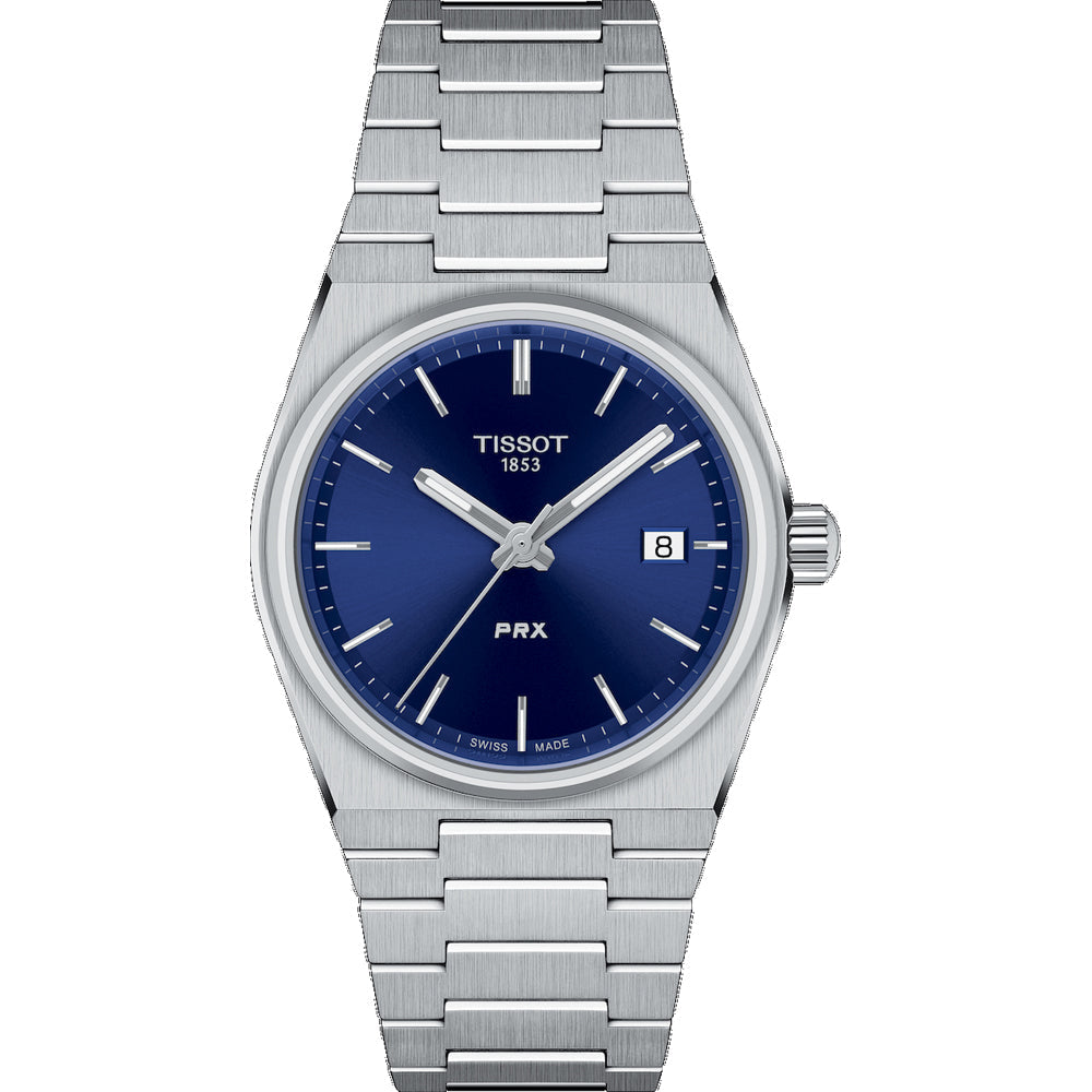 Montre Tissot PRX 35 mm avec cadran bleu, boîtier en acier inoxydable et bracelet à maillons.