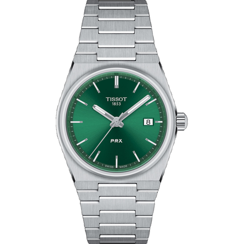 Montre Tissot PRX 35mm avec un cadran vert, boîtier en acier inoxydable et bracelet en acier.
