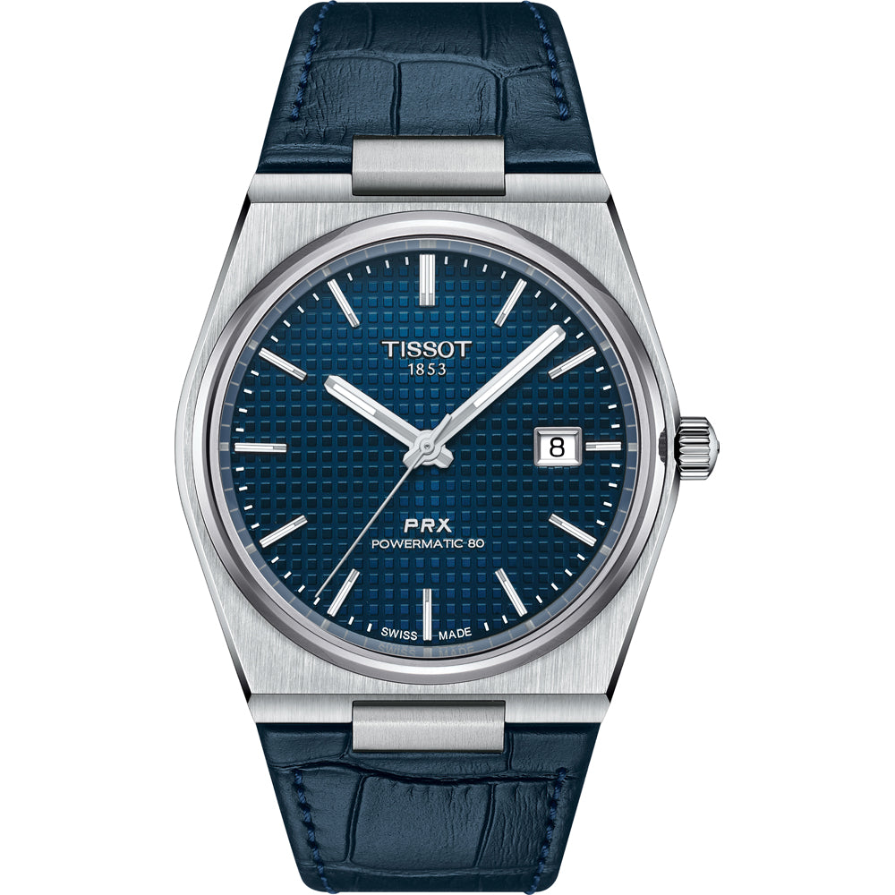 Montre Tissot PRX Powermatic 80 avec cadran bleu, boîtier en acier inoxydable et bracelet en cuir bleu.