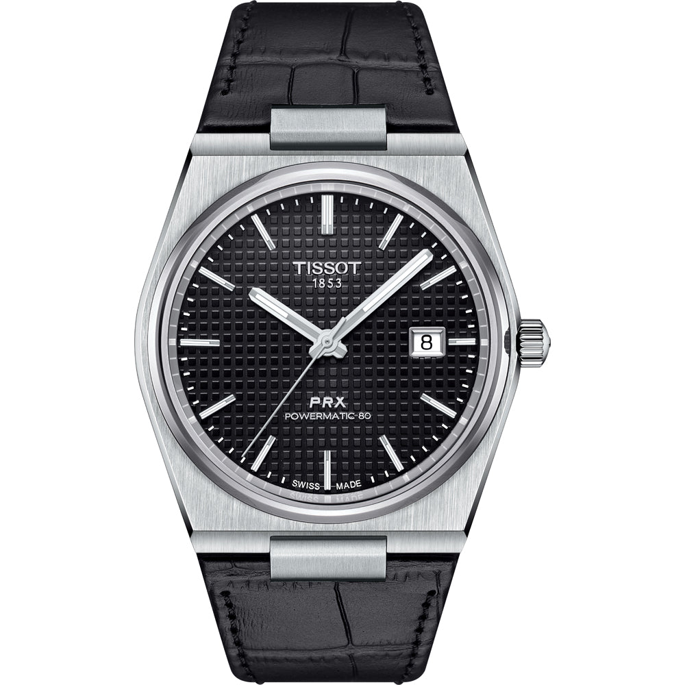 Montre Tissot PRX Powermatic 80 avec cadran noir, boîtier en acier inoxydable et bracelet en cuir noir.