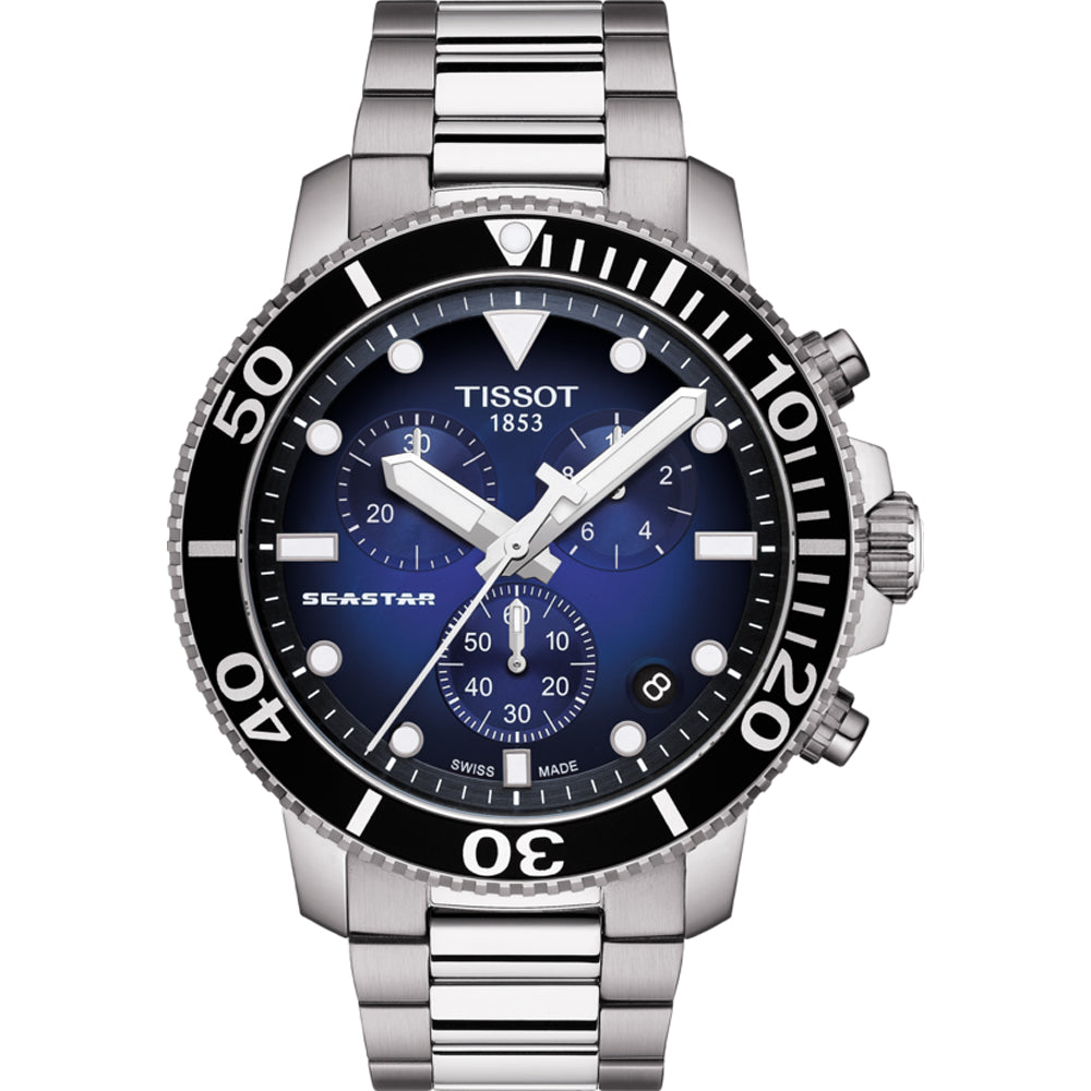 Montre Tissot Seastar 1000 avec cadran bleu, boîtier en acier inoxydable et bracelet en métal.