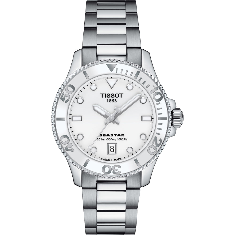 Montre Tissot Seastar 1000 de 36 mm avec boîtier en acier inoxydable et cadran blanc.