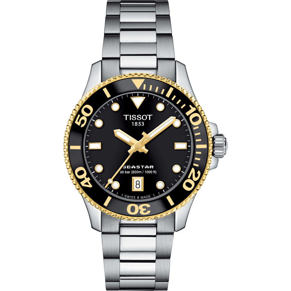 Montre Tissot Seastar 1000 de 36 mm avec boîtier en acier inoxydable, cadran noir et lunette dorée.