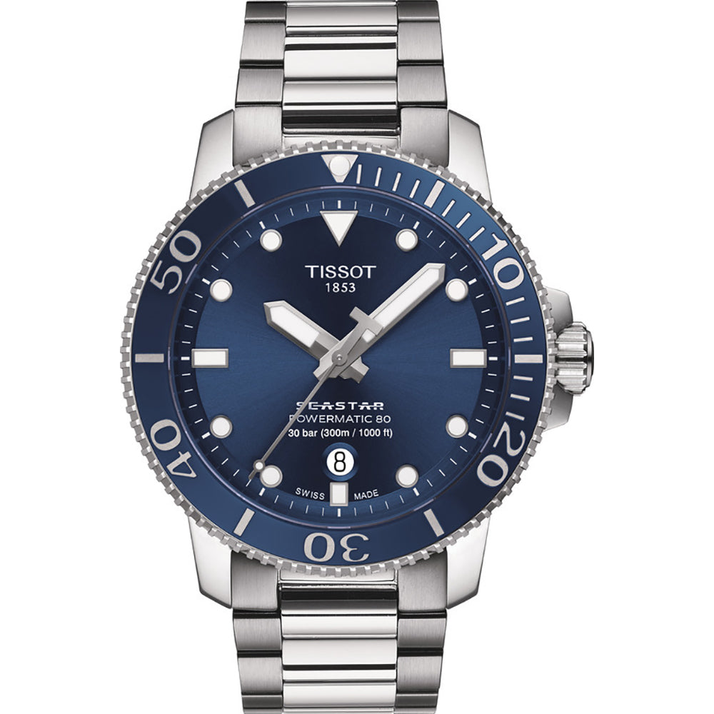 Montre Tissot Seastar 1000 avec cadran bleu, boîtier en acier inoxydable et bracelet en acier.