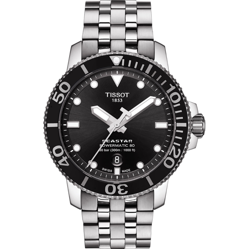 Montre Tissot Seastar 1000 avec cadran noir, boîtier en acier inoxydable et bracelet en acier.