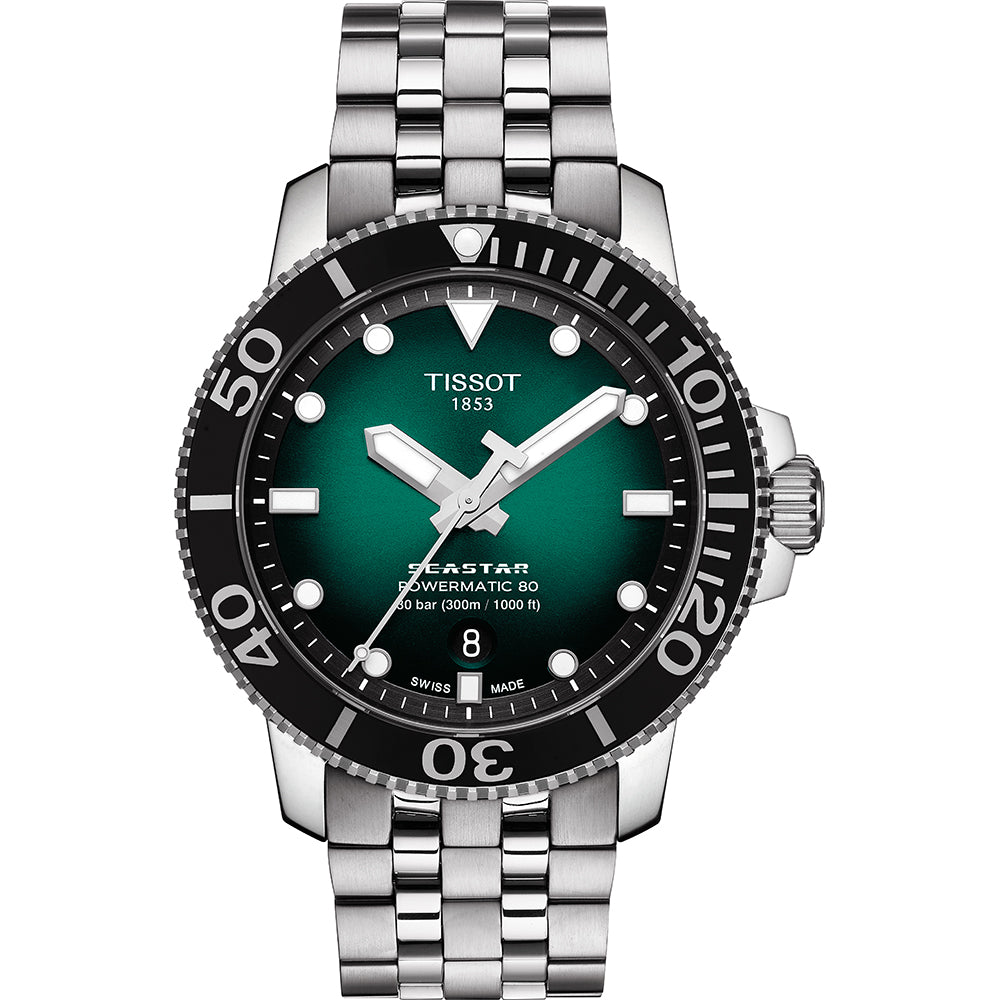 Montre Tissot Seastar 1000 avec cadran vert, boîtier en acier inoxydable et bracelet en acier.