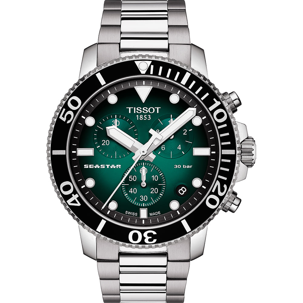 Montre Tissot Seastar 1000 avec cadran vert, boîtier en acier inoxydable et lunette noire.