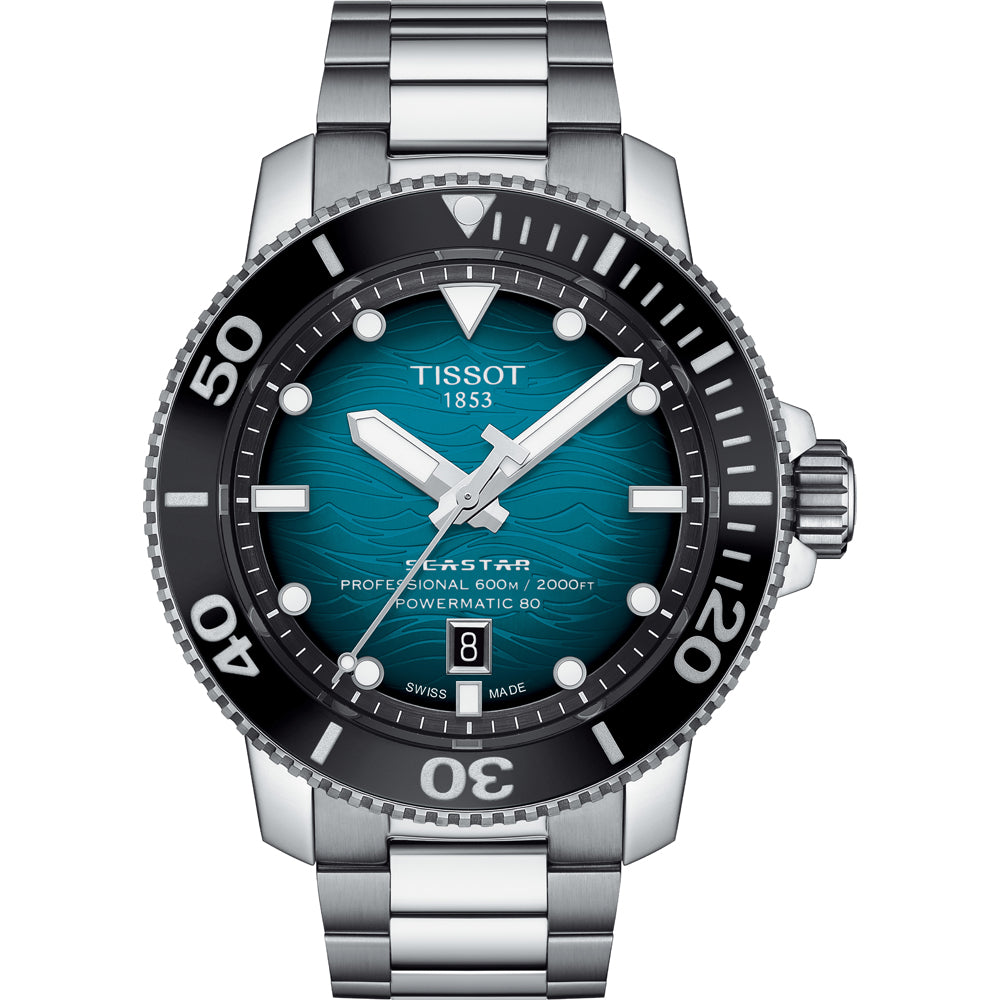 Montre Tissot Seastar 2000 avec cadran bleu, boîtier en acier inoxydable et bracelet en métal.