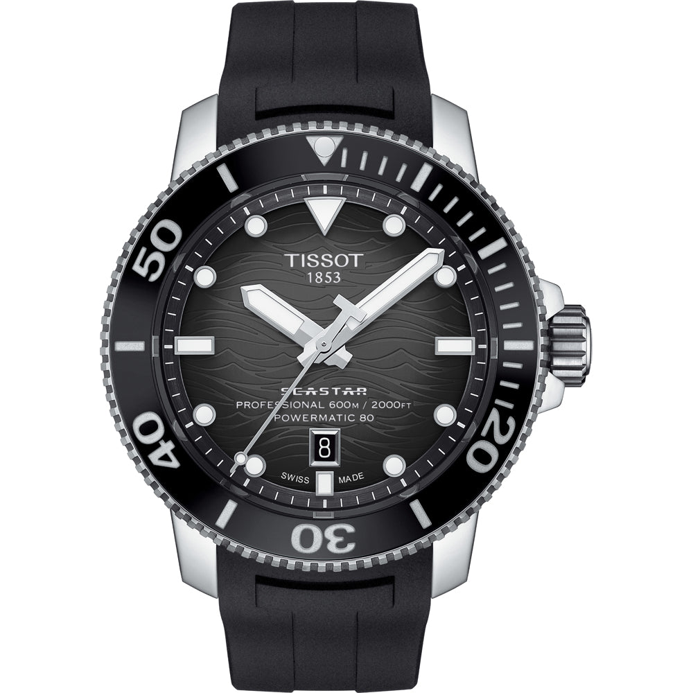 Montre Tissot Seastar 2000 avec cadran noir, boîtier en acier inoxydable et bracelet en caoutchouc.