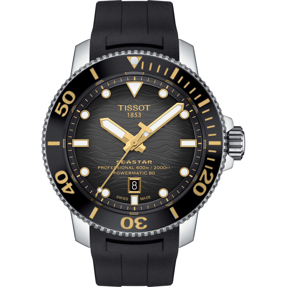 Montre Tissot Seastar 2000 avec cadran noir, boîtier en acier inoxydable et bracelet en caoutchouc noir.