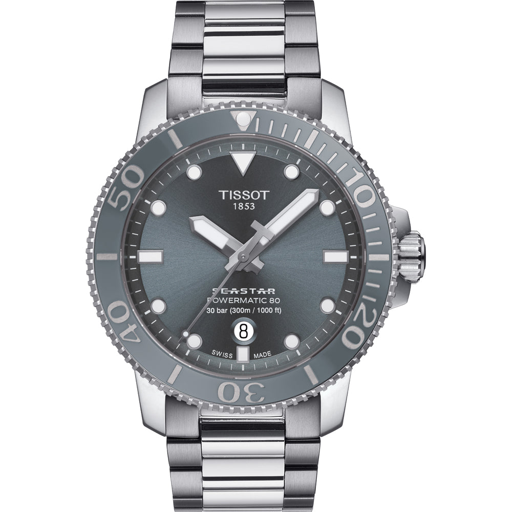 Montre Tissot Seastar 1000 avec cadran gris, boîtier en acier inoxydable et bracelet en acier.