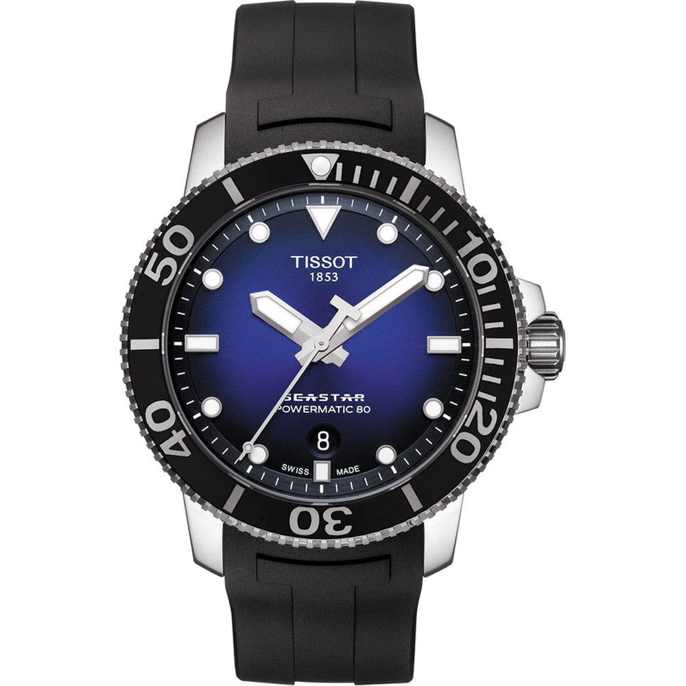 Montre Tissot Seastar 1000 avec cadran bleu, boîtier en acier inoxydable et bracelet en caoutchouc noir.