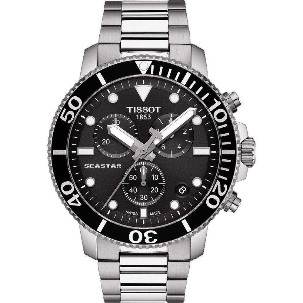 Montre Tissot Seastar 1000 avec cadran noir, boîtier en acier inoxydable et bracelet en acier.