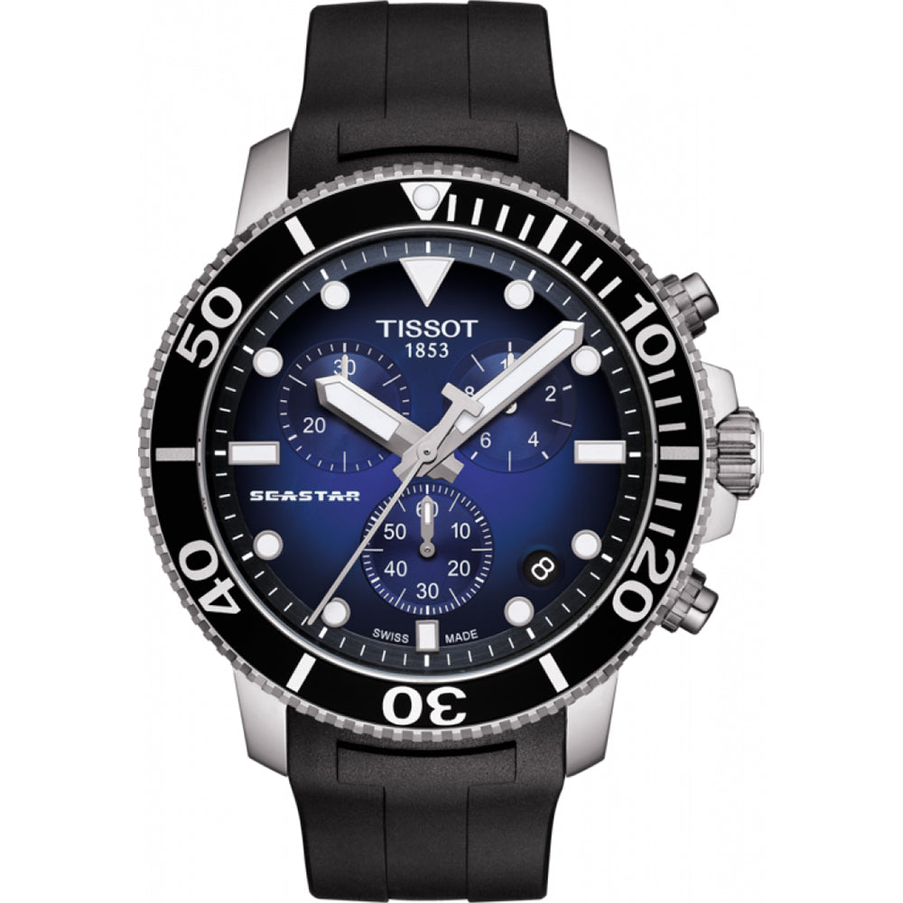 Montre Tissot Seastar 1000 avec cadran bleu, boîtier en acier inoxydable et bracelet en caoutchouc noir.