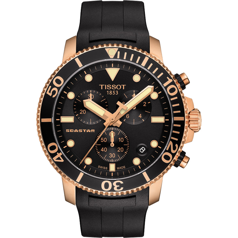 Montre Tissot Seastar 1000 avec boîtier en acier rose, cadran noir et bracelet en caoutchouc noir.