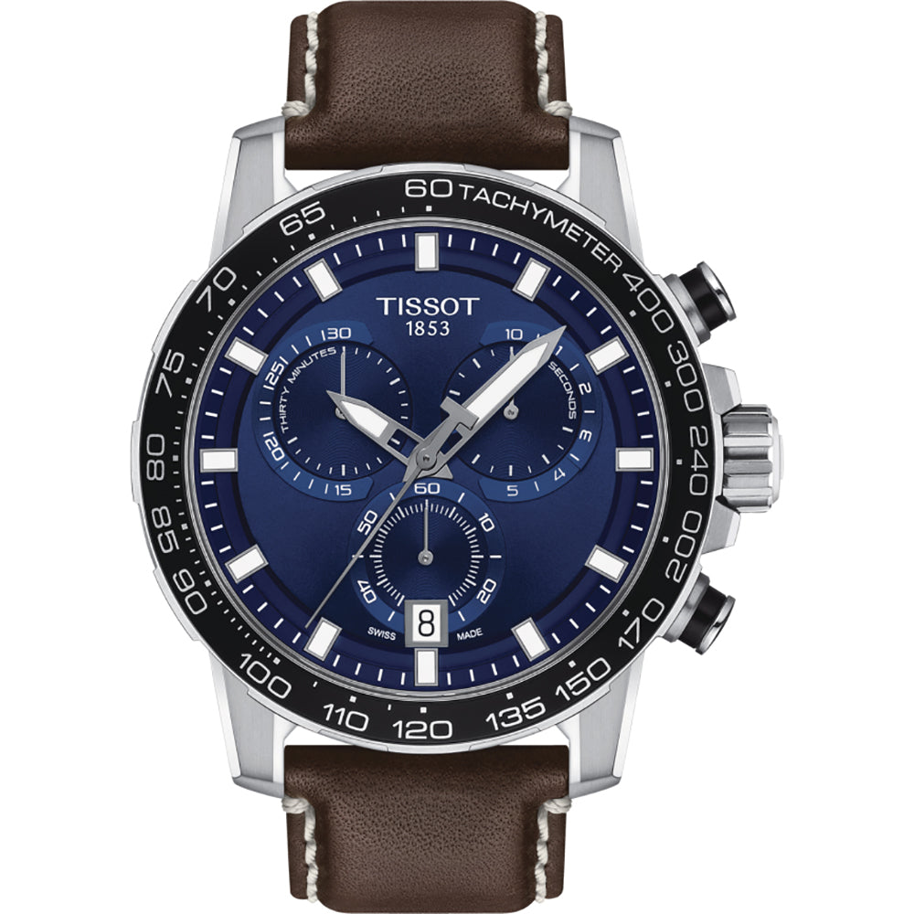 Montre Tissot Supersport Chrono avec cadran bleu, boîtier en acier inoxydable et bracelet en cuir marron.