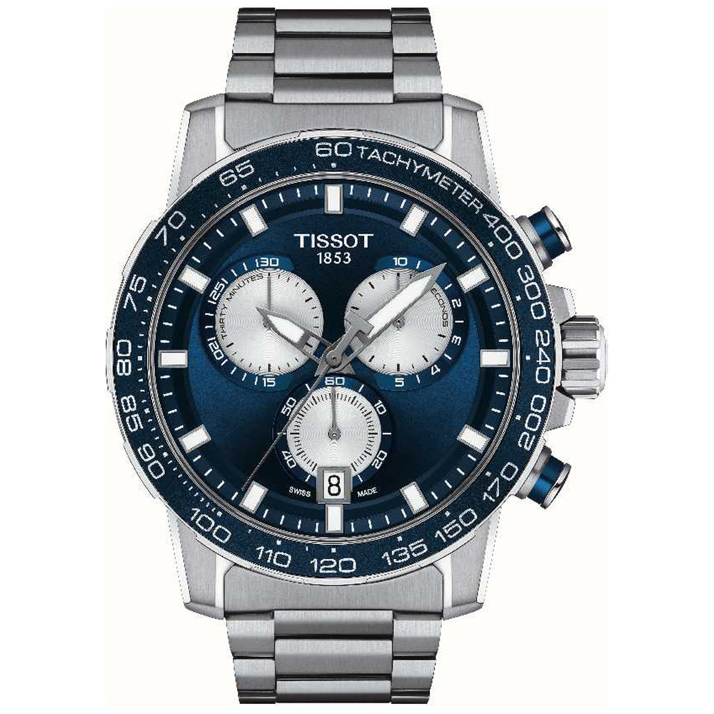 Montre Tissot Supersport Chrono avec boîtier en acier inoxydable, cadran bleu, chronographe et bracelet en métal.