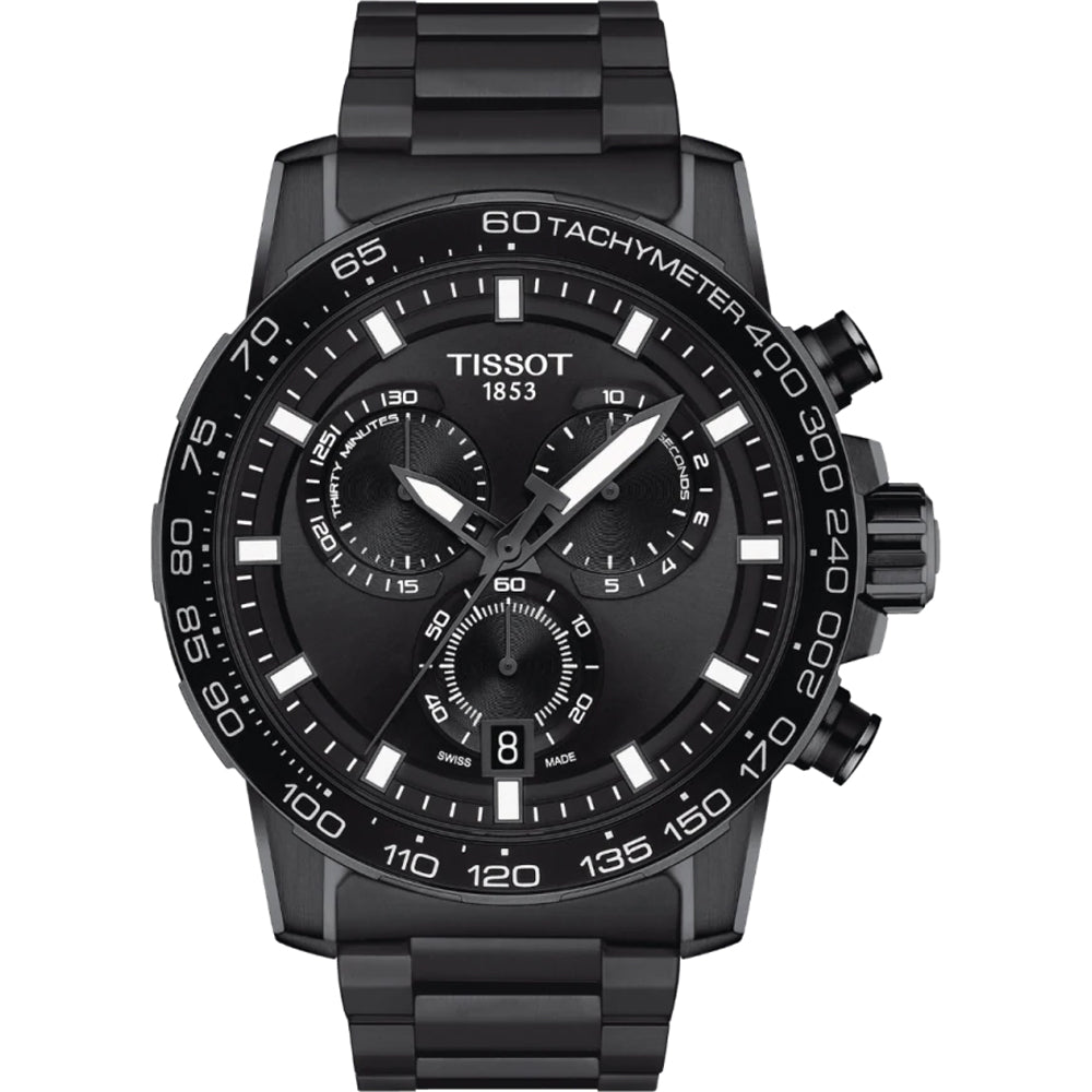 Montre Tissot Supersport Chrono avec boîtier noir, cadran noir et bracelet en acier inoxydable.