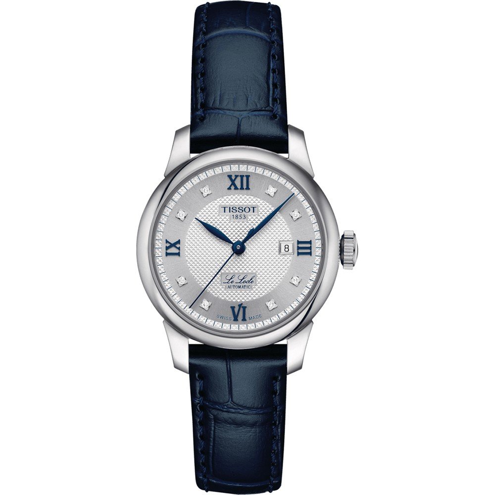Montre Tissot Le Locle automatique pour femme avec cadran argenté, boîtier en acier et bracelet en cuir bleu.