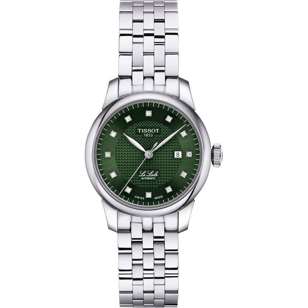 Montre Tissot Le Locle automatique pour femme avec cadran vert, boîtier en acier inoxydable et bracelet en acier.