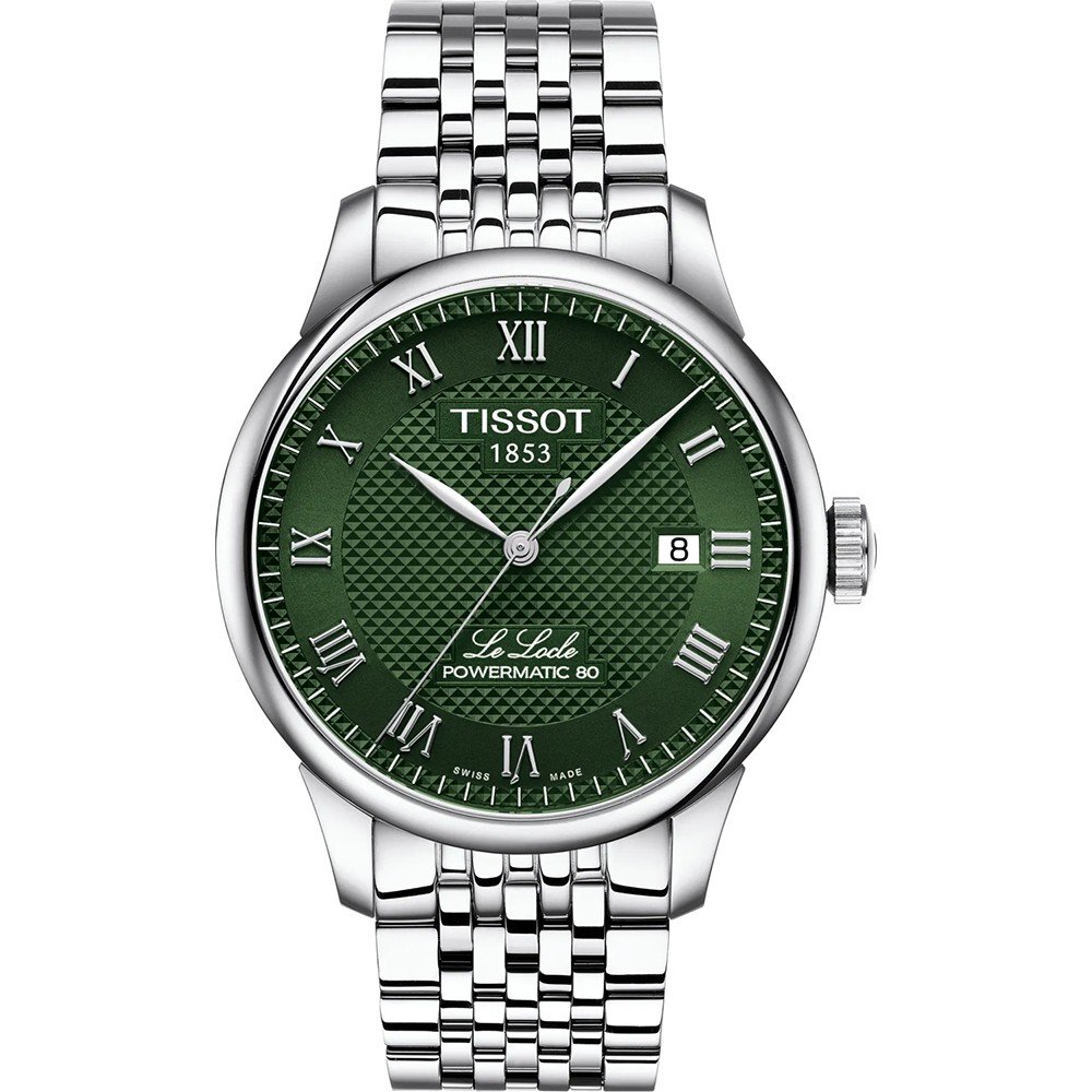 Montre Tissot Le Locle avec cadran vert, boîtier en acier inoxydable et bracelet en acier à maillons.