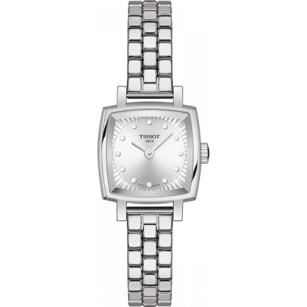 Montre Tissot Lovely Square avec boîtier carré en acier inoxydable et bracelet à maillons argentés.