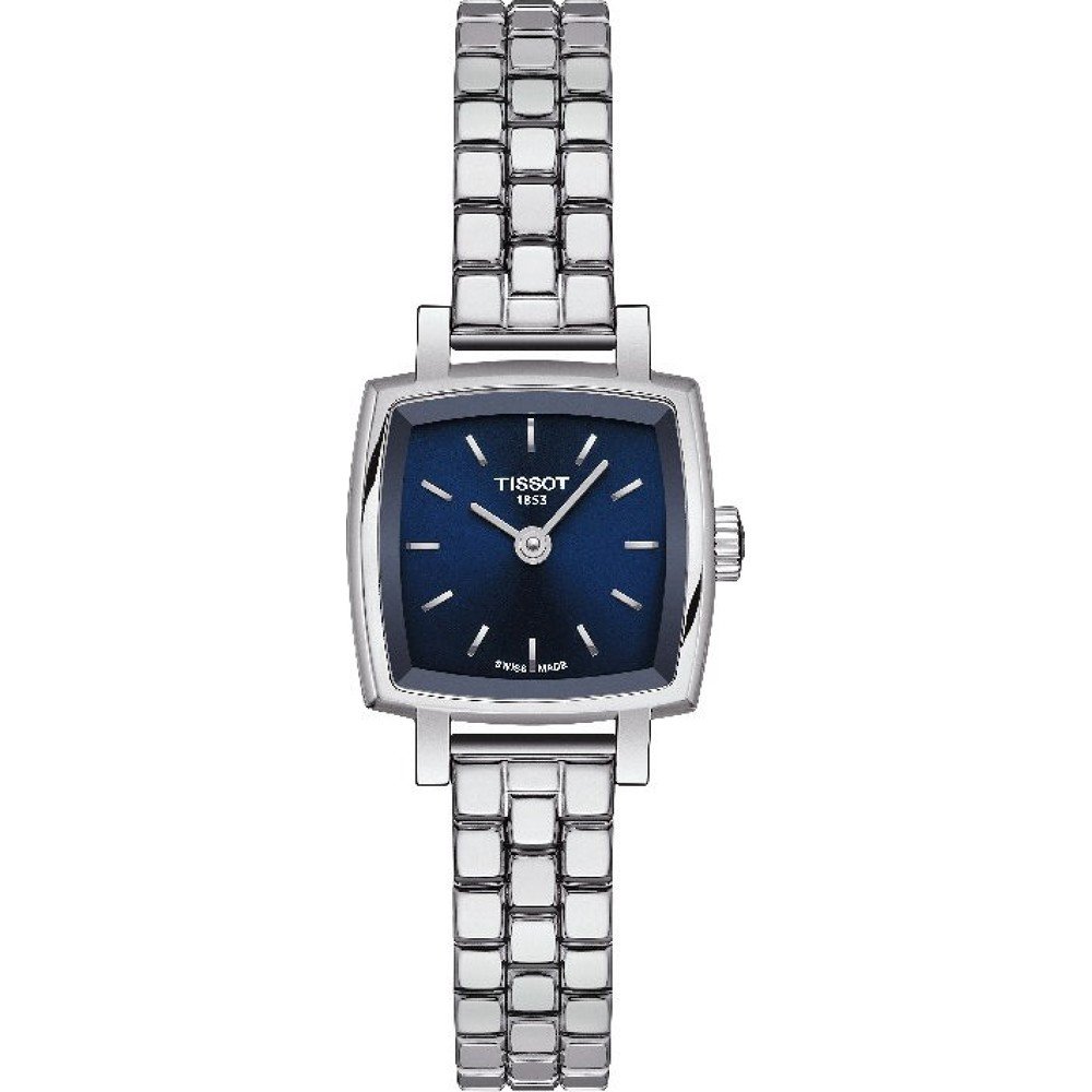 Montre Tissot Lovely Square avec un cadran bleu et un bracelet en acier inoxydable.