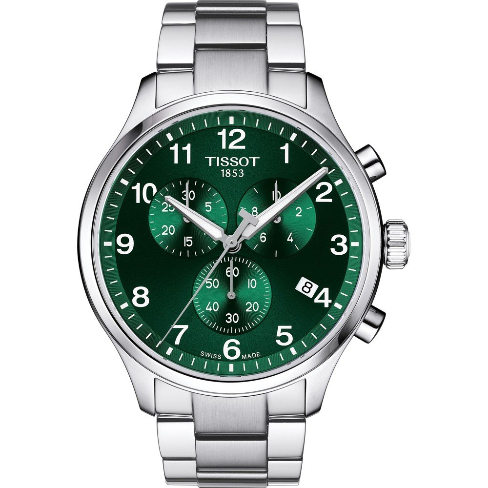 Montre Tissot avec un cadran vert, boîtier en acier inoxydable et bracelet en métal.