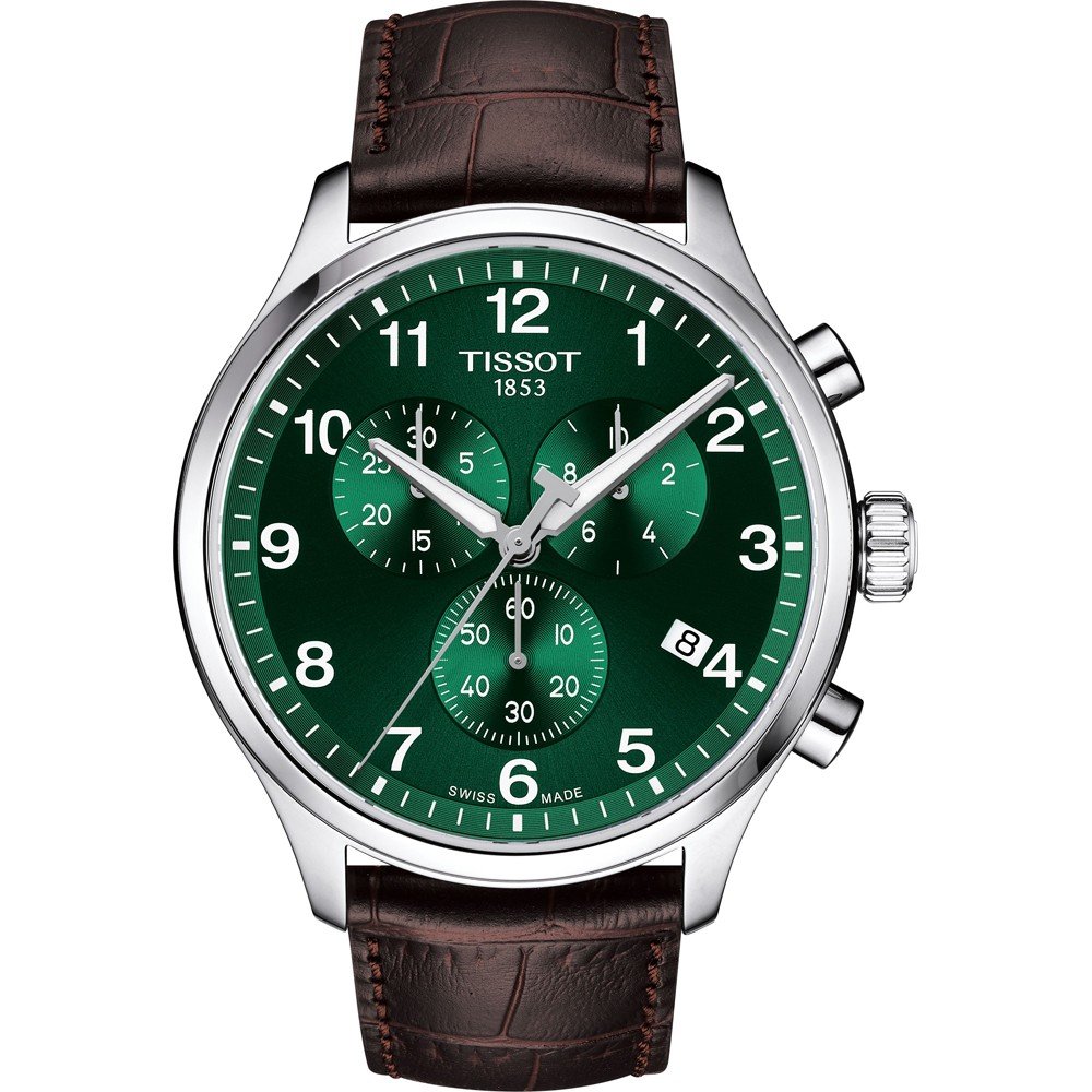 Montre Tissot avec un cadran vert, boîtier en acier inoxydable et bracelet en cuir marron.