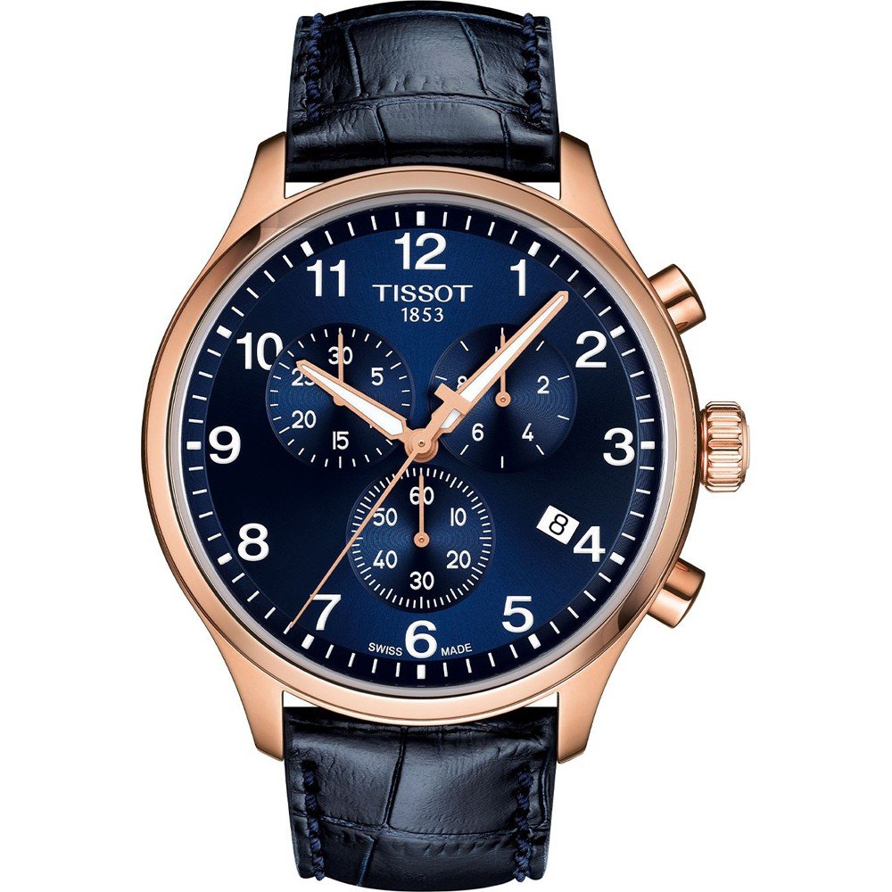 Montre Tissot Chrono XL Classic avec boîtier rose, cadran bleu et bracelet en cuir noir.