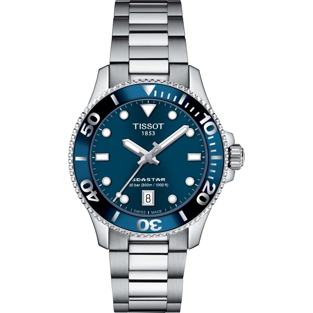 Montre Tissot Seastar 1000 de 36 mm avec cadran bleu, boîtier en acier inoxydable et bracelet en acier.