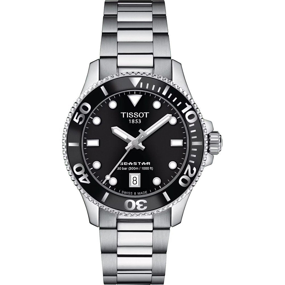 Montre Tissot Seastar 1000 de 36 mm avec boîtier en acier inoxydable, cadran noir et bracelet en acier.
