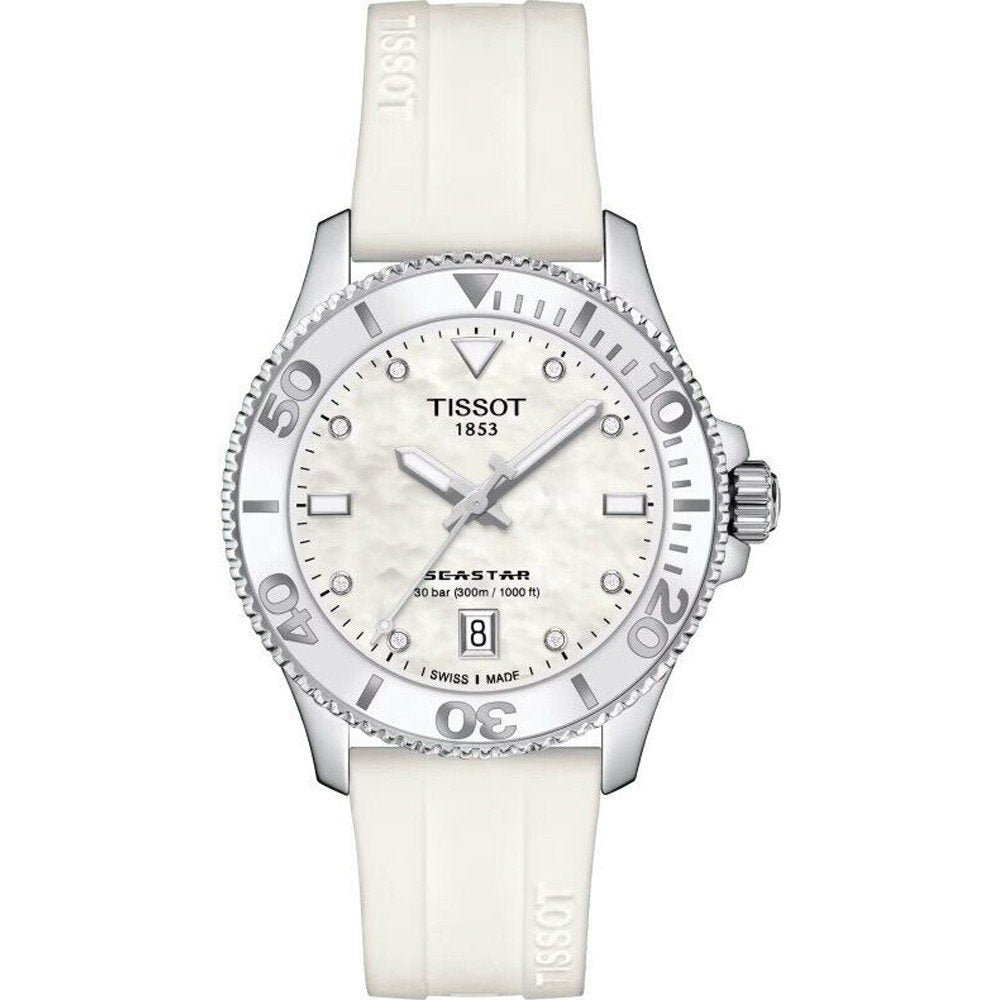 Montre Tissot Seastar 1000 de 36 mm avec cadran blanc nacré et bracelet en silicone blanc.
