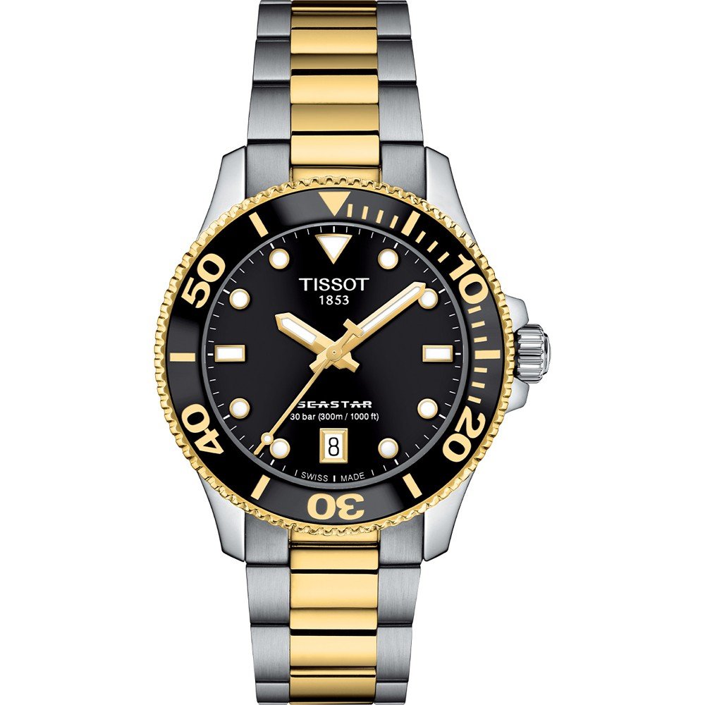 Montre Tissot Seastar 1000 de 36 mm avec boîtier en acier inoxydable et bracelet bicolore or et argent, cadran noir.