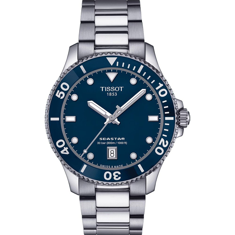 Montre Tissot Seastar 1000 de 40 mm avec cadran bleu, boîtier en acier inoxydable et bracelet en acier.