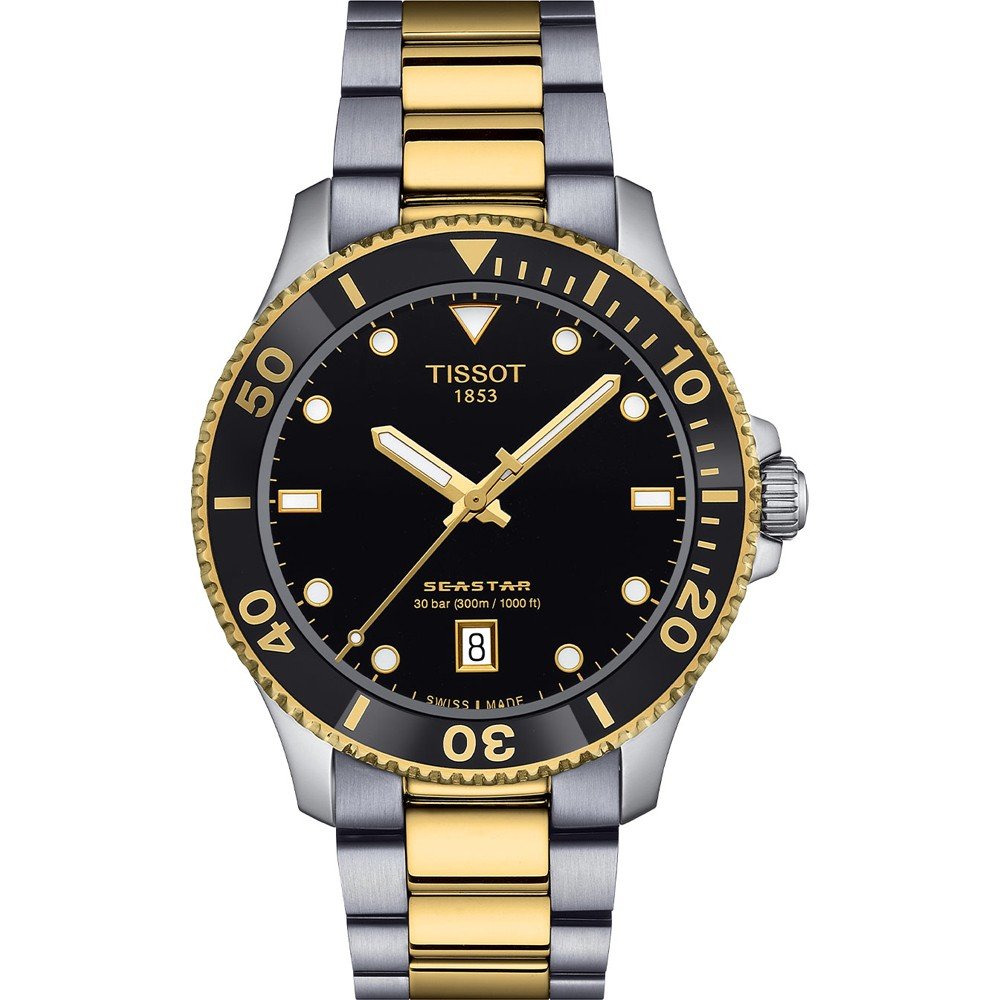 Montre Tissot Seastar 1000 de 40 mm avec boîtier en acier inoxydable, bracelet bicolore doré et argenté, cadran noir.