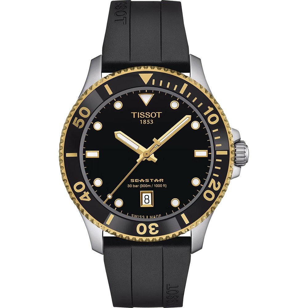 Montre Tissot Seastar 1000 de 40 mm avec boîtier en acier inoxydable, cadran noir et bracelet en caoutchouc noir.