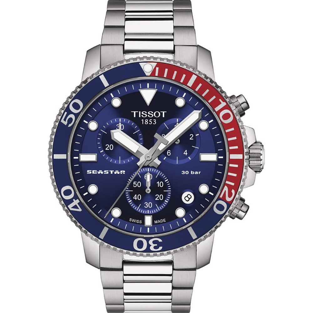 Montre Tissot Seastar 1000 avec cadran bleu, boîtier en acier inoxydable et lunette rouge.