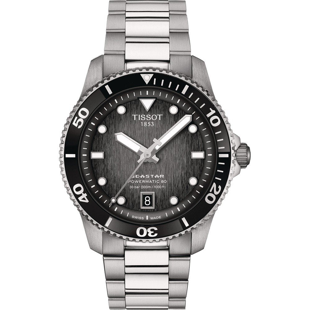 Montre Tissot Seastar 1000, boîtier en acier inoxydable, cadran noir, bracelet en acier, affichage analogique.