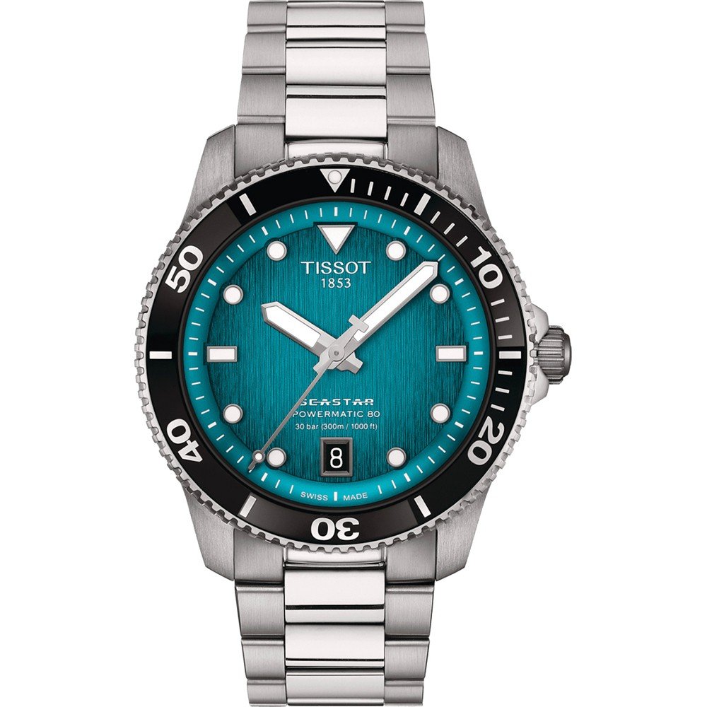 Montre Tissot Seastar 1000 avec cadran turquoise, boîtier en acier inoxydable et bracelet en acier.
