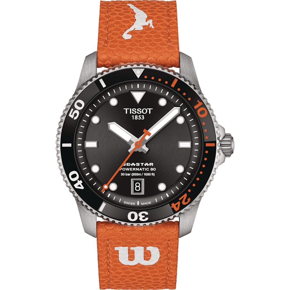 Montre Tissot Seastar avec boîtier en acier inoxydable, cadran noir et bracelet en cuir orange.